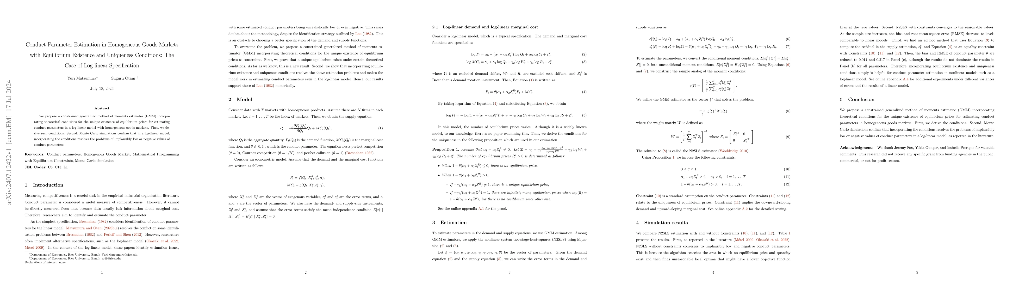 Thumbnail for Conduct Parameter Estimation in Homogeneous Goods Markets with
  Equilibrium Existence and Uniqueness Conditions: The Case of Log-linear
  Specification