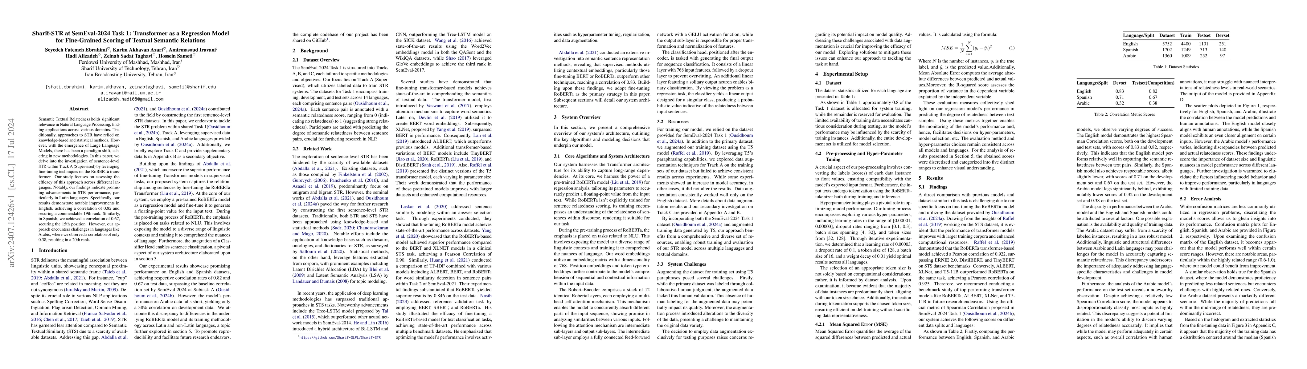 Thumbnail for Sharif-STR at SemEval-2024 Task 1: Transformer as a Regression Model for
  Fine-Grained Scoring of Textual Semantic Relations