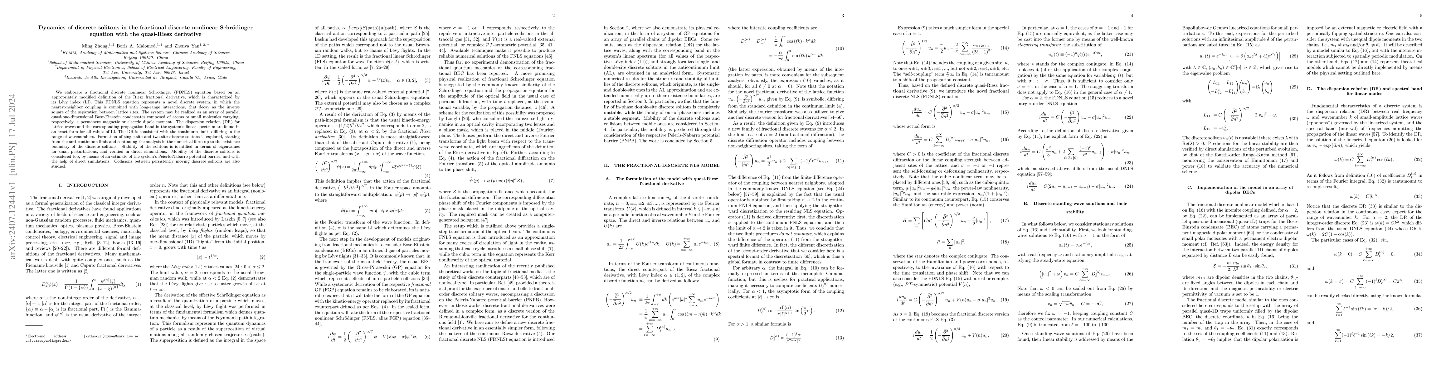 Thumbnail for Dynamics of discrete solitons in the fractional discrete nonlinear
  Schrödinger equation with the quasi-Riesz derivative