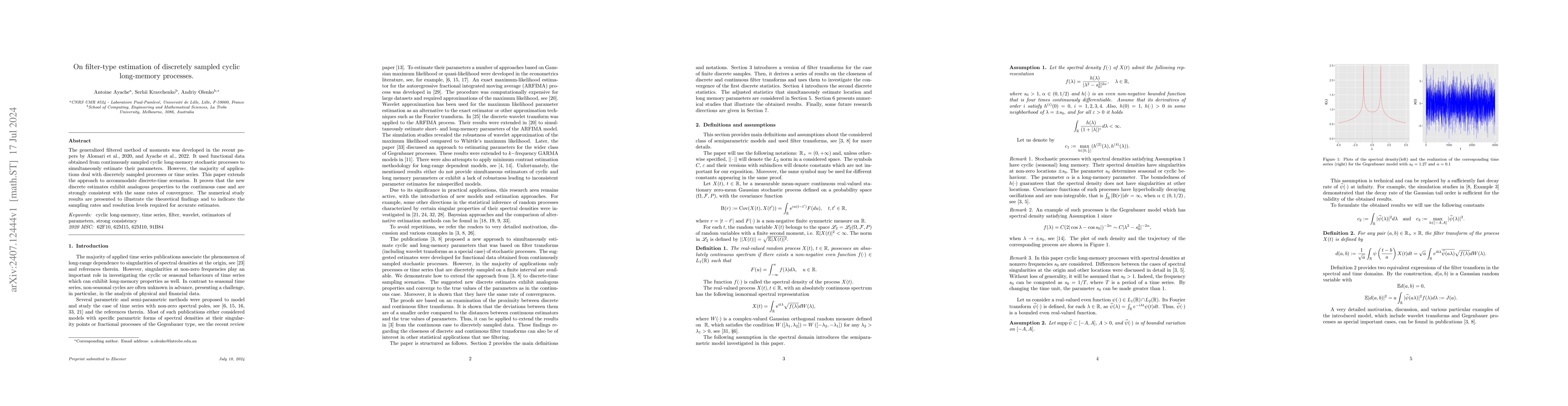 Thumbnail for On filter-type estimation of discretely sampled cyclic long-memory
  processes