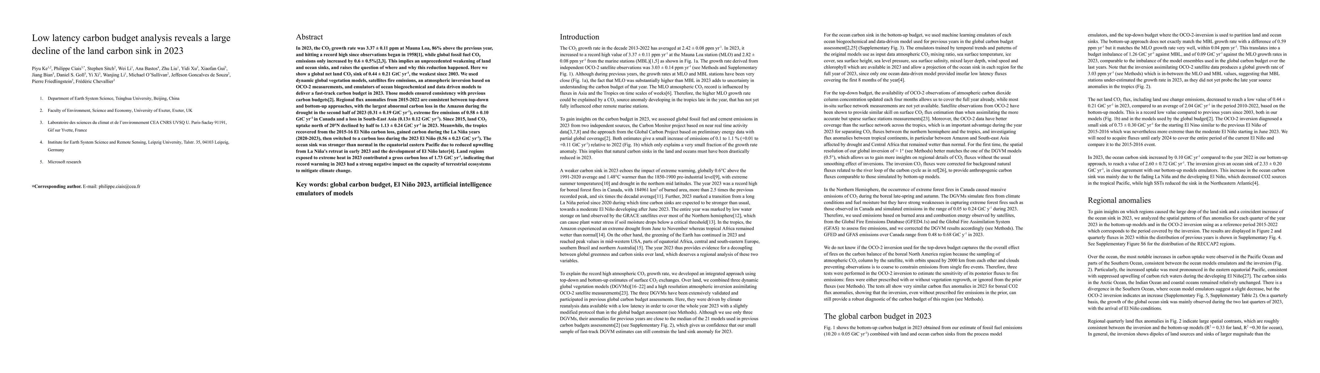 Thumbnail for Low latency carbon budget analysis reveals a large decline of the land
  carbon sink in 2023