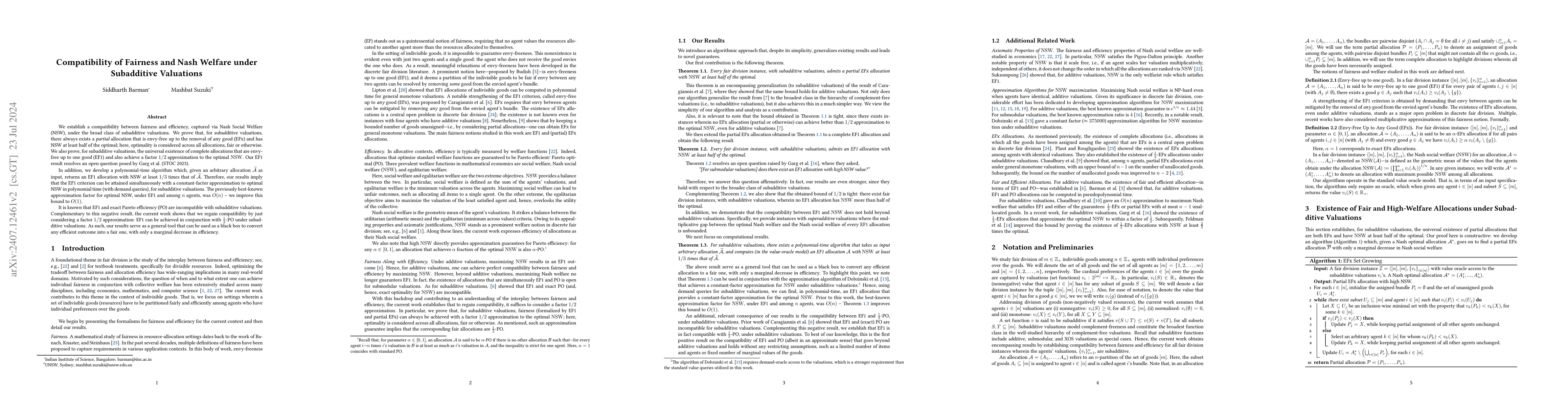 Thumbnail for Compatibility of Fairness and Nash Welfare under Subadditive Valuations