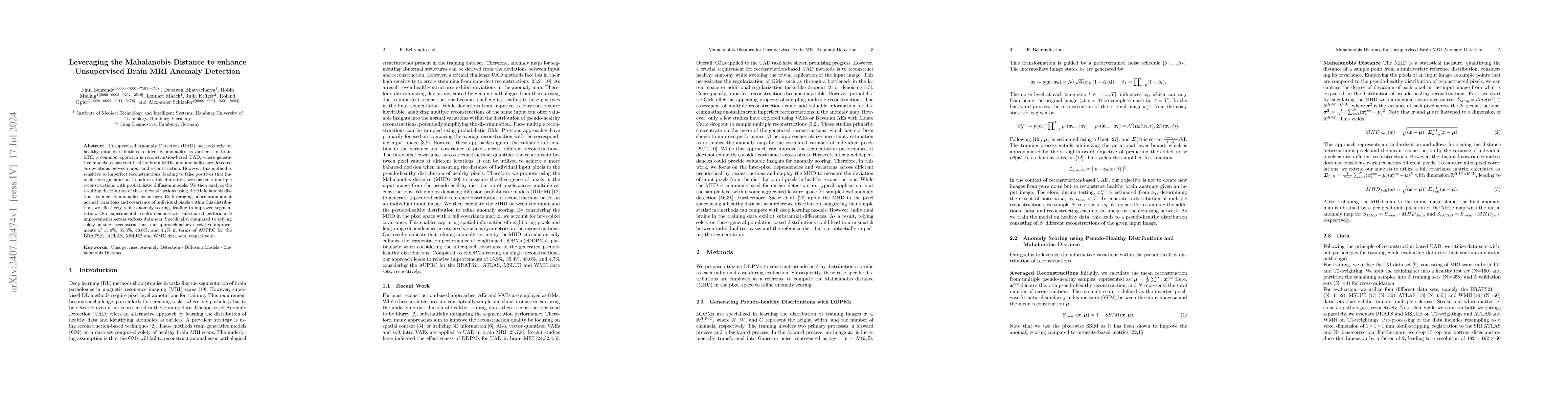 Thumbnail for Leveraging the Mahalanobis Distance to enhance Unsupervised Brain MRI
  Anomaly Detection