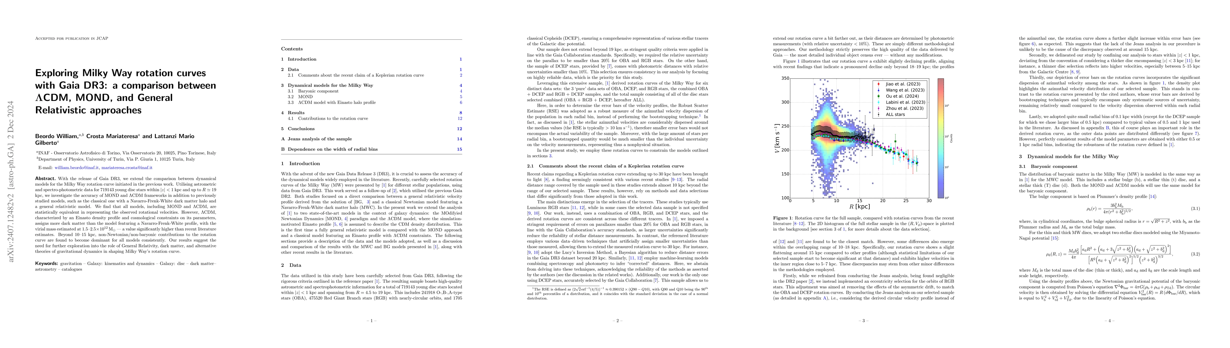 Thumbnail for Exploring Milky Way rotation curves with Gaia DR3: a comparison between
  $Λ$CDM, MOND, and General Relativistic approaches