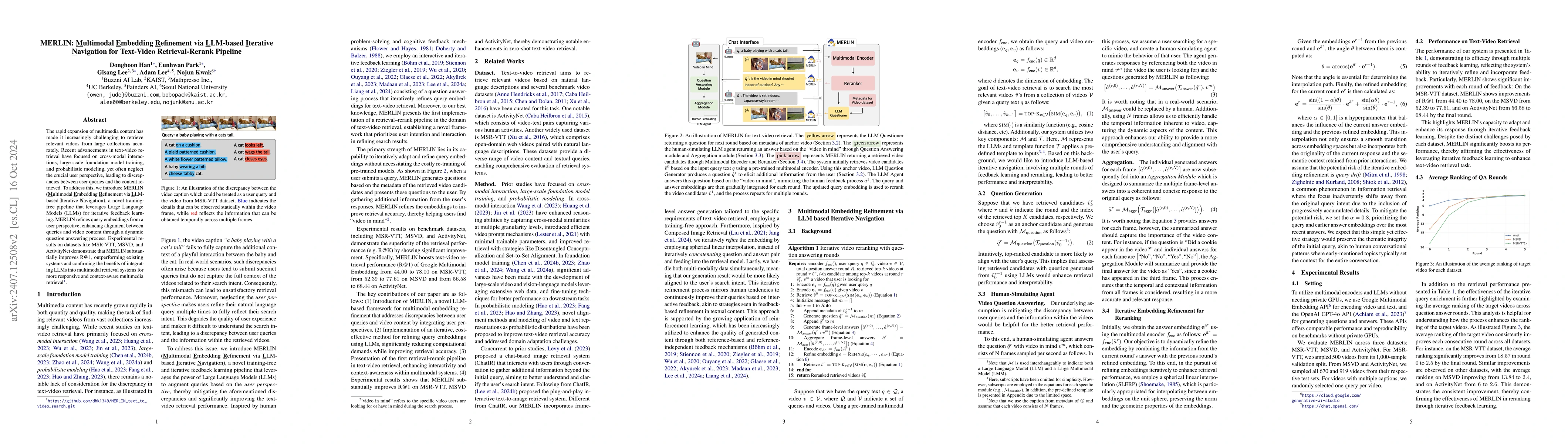 Thumbnail for MERLIN: Multimodal Embedding Refinement via LLM-based Iterative
  Navigation for Text-Video Retrieval-Rerank Pipeline