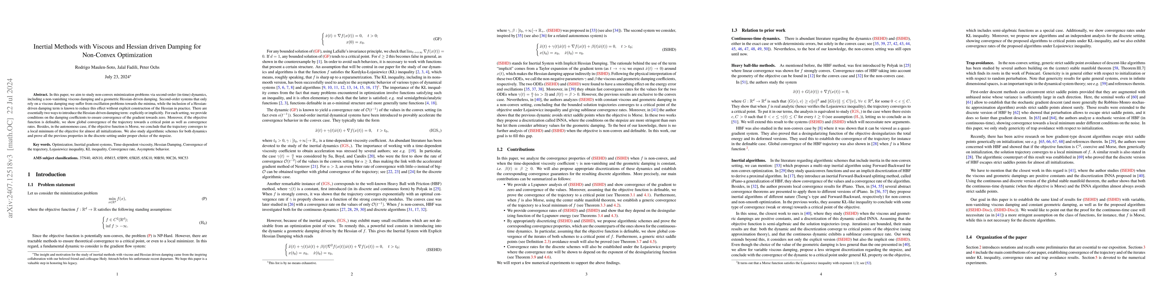 Thumbnail for Inertial Methods with Viscous and Hessian driven Damping for Non-Convex
  Optimization