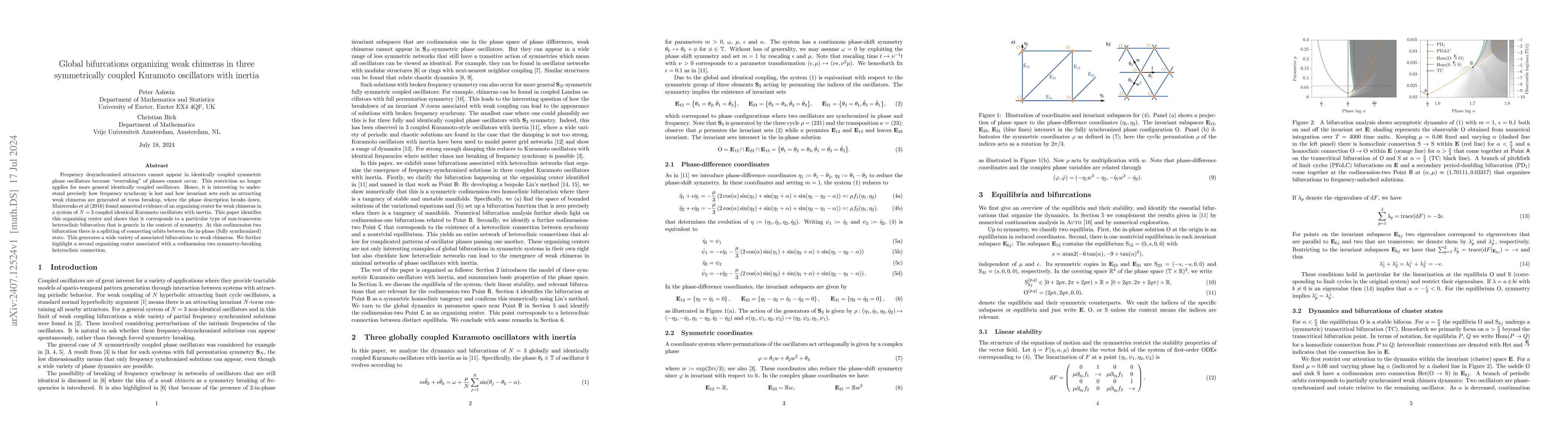 Thumbnail for Global bifurcations organizing weak chimeras in three symmetrically
  coupled Kuramoto oscillators with inertia