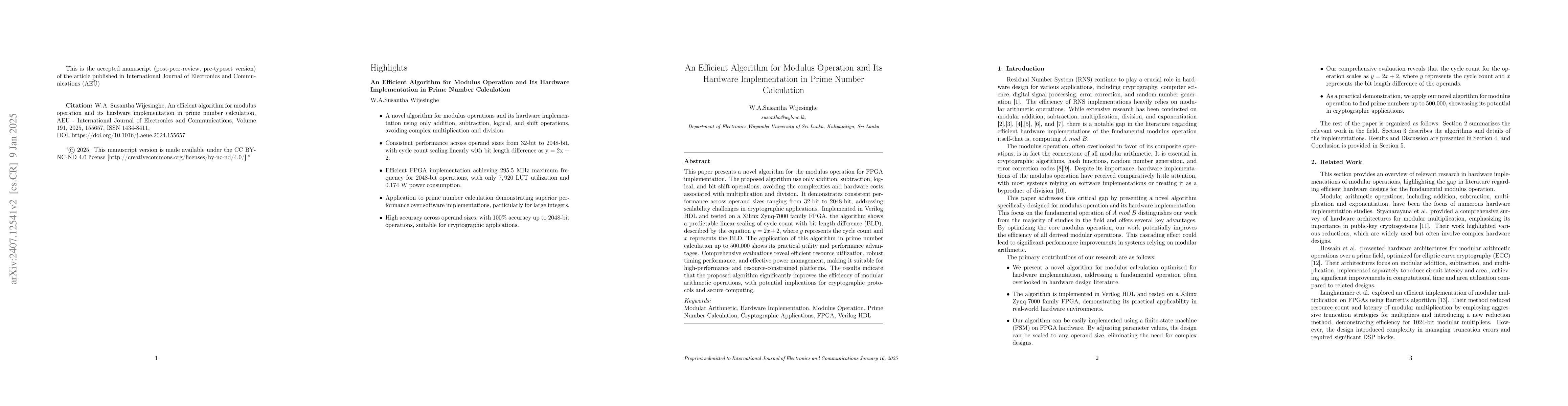 Thumbnail for A High-Speed Hardware Algorithm for Modulus Operation and its
  Application in Prime Number Calculation