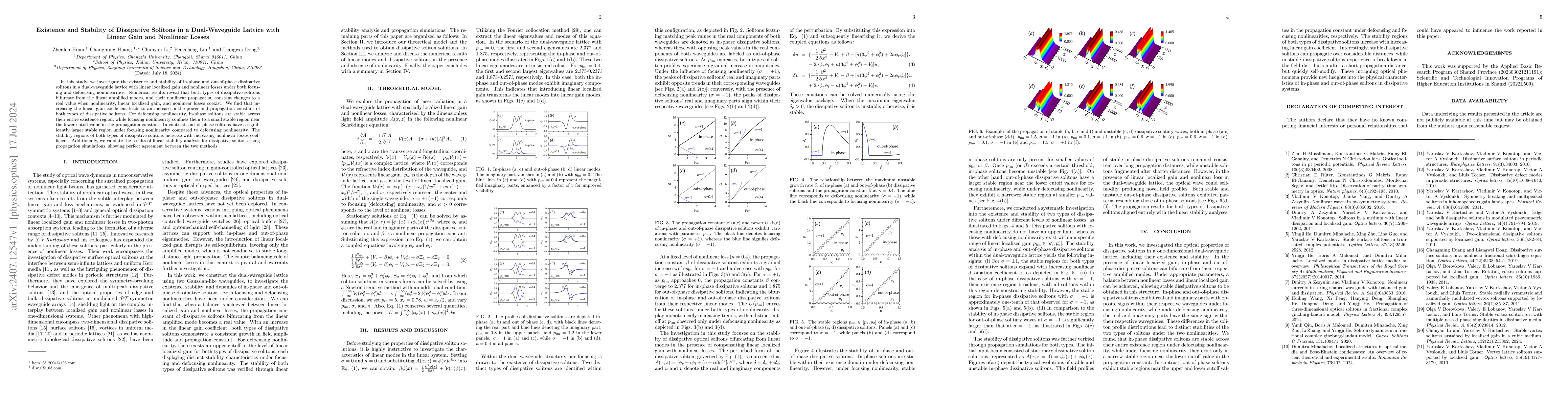 Thumbnail for Existence and Stability of Dissipative Solitons in a Dual-Waveguide
  Lattice with Linear Gain and Nonlinear Losses