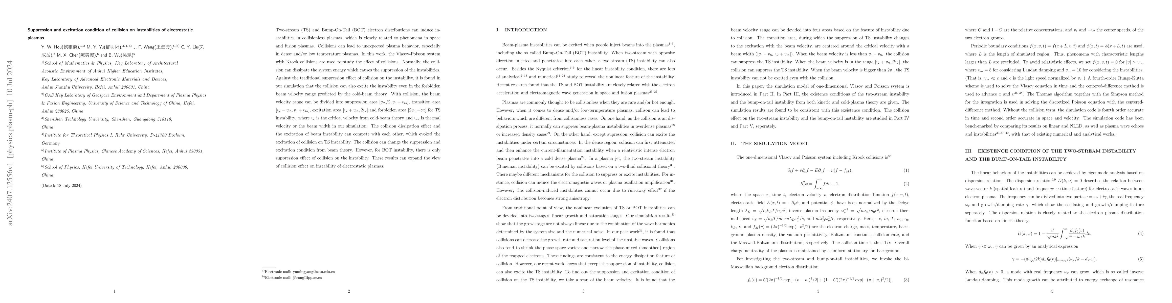 Thumbnail for Suppression and excitation condition of collision on instabilities of
  electrostatic plasmas