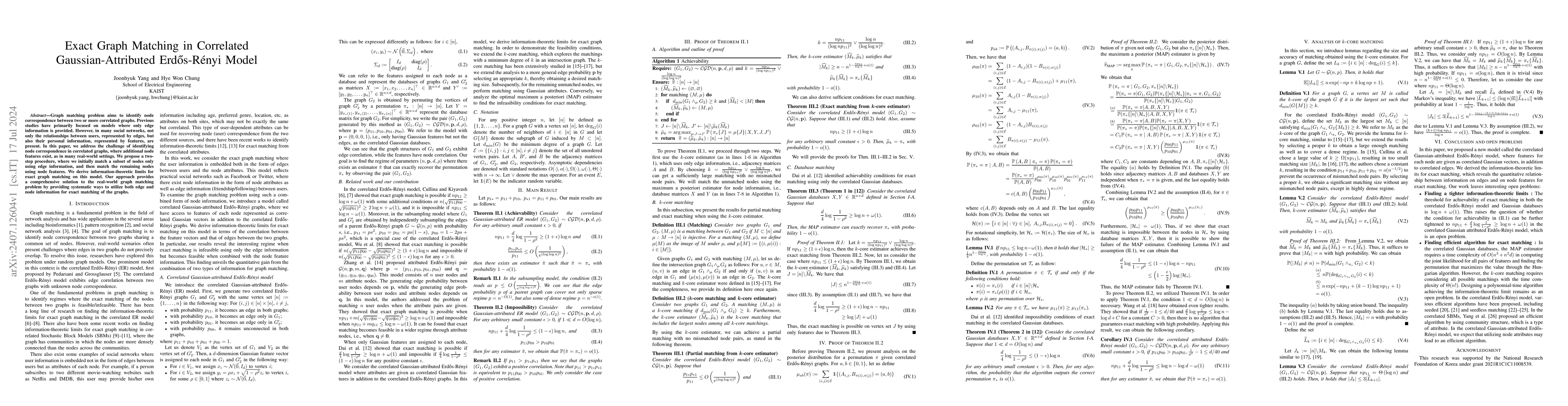 Thumbnail for Exact Graph Matching in Correlated Gaussian-Attributed Erdős-Rényi
  Model