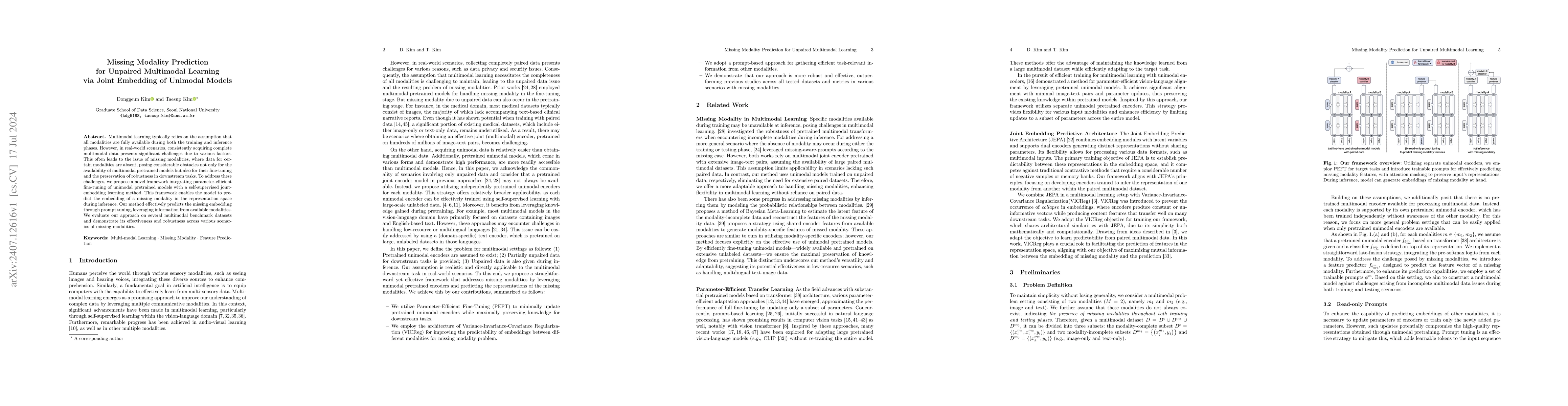 Thumbnail for Missing Modality Prediction for Unpaired Multimodal Learning via Joint
  Embedding of Unimodal Models