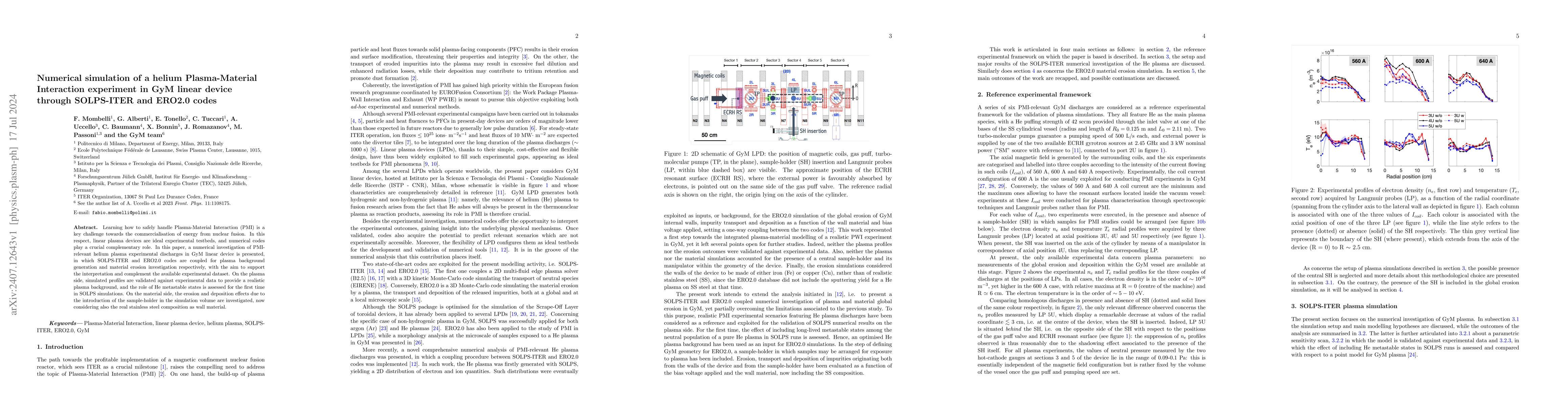 Thumbnail for Numerical simulation of a helium Plasma-Material Interaction experiment
  in GyM linear device through SOLPS-ITER and ERO2.0 codes