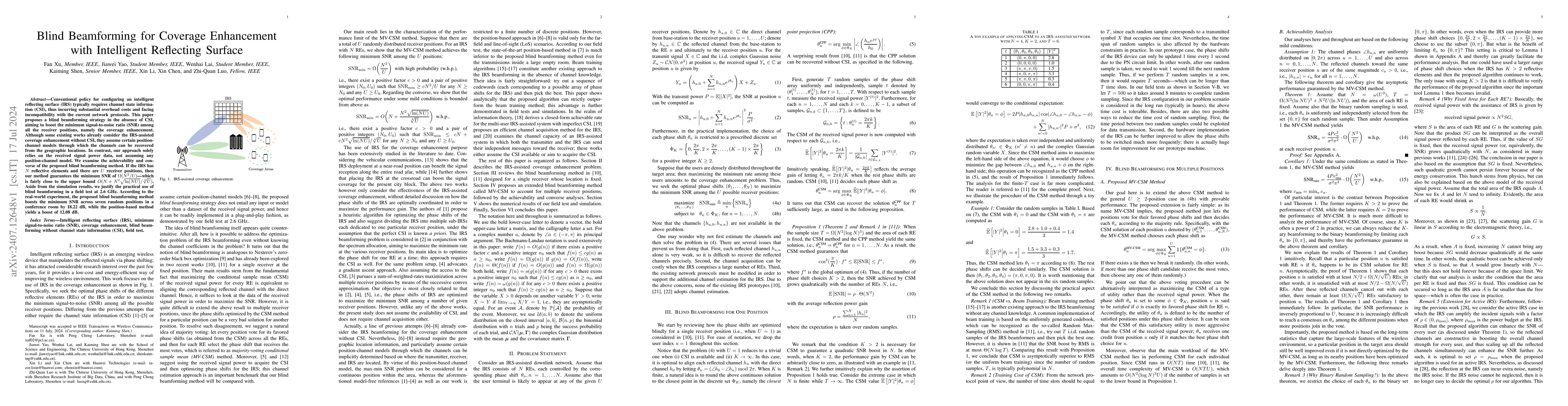 Thumbnail for Blind Beamforming for Coverage Enhancement with Intelligent Reflecting
  Surface