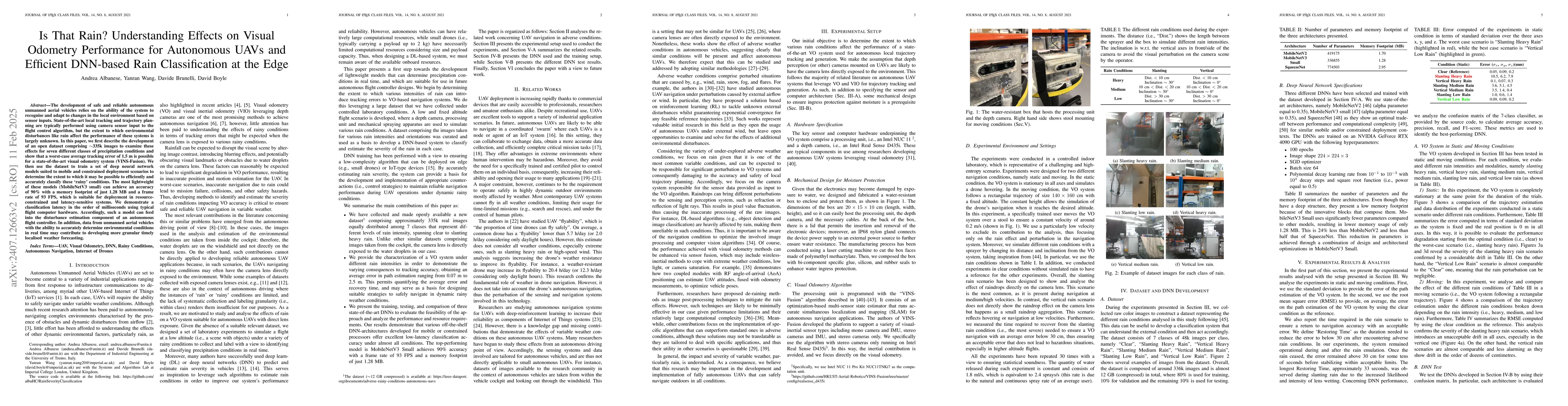 Thumbnail for Is That Rain? Understanding Effects on Visual Odometry Performance for
  Autonomous UAVs and Efficient DNN-based Rain Classification at the Edge