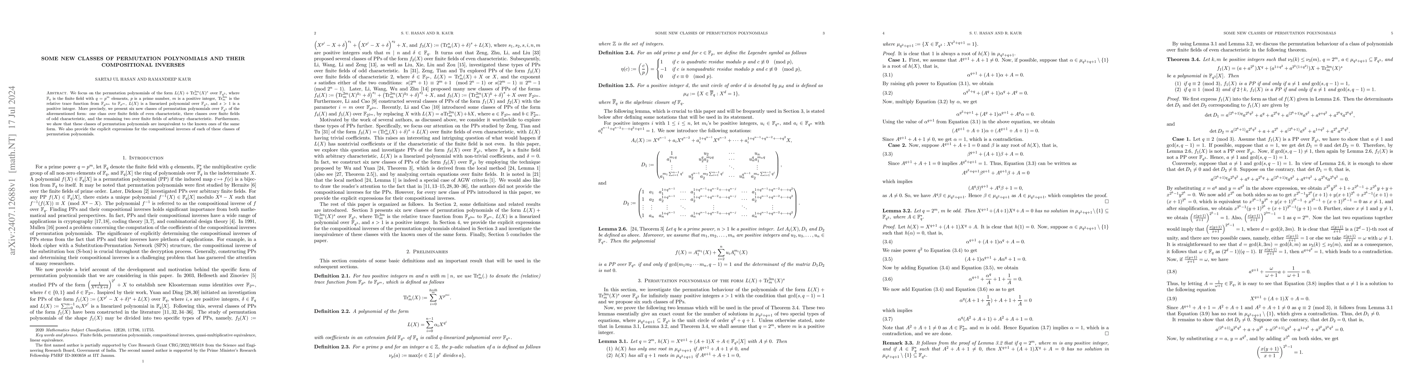 Thumbnail for Some new classes of permutation polynomials and their compositional
  inverses
