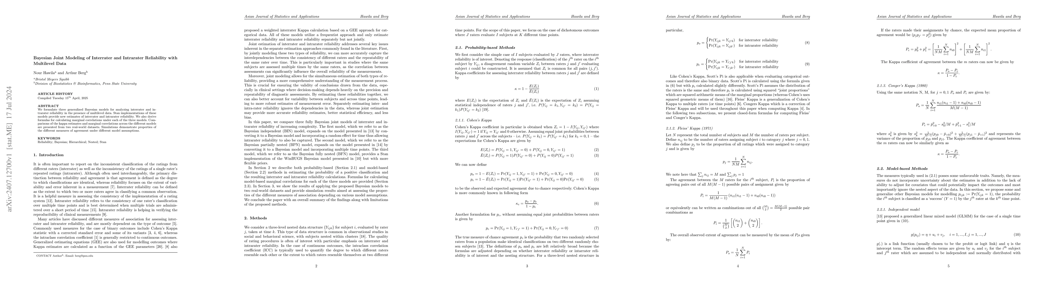 Thumbnail for Bayesian Joint Modeling of Interrater and Intrarater Reliability with
  Multilevel Data