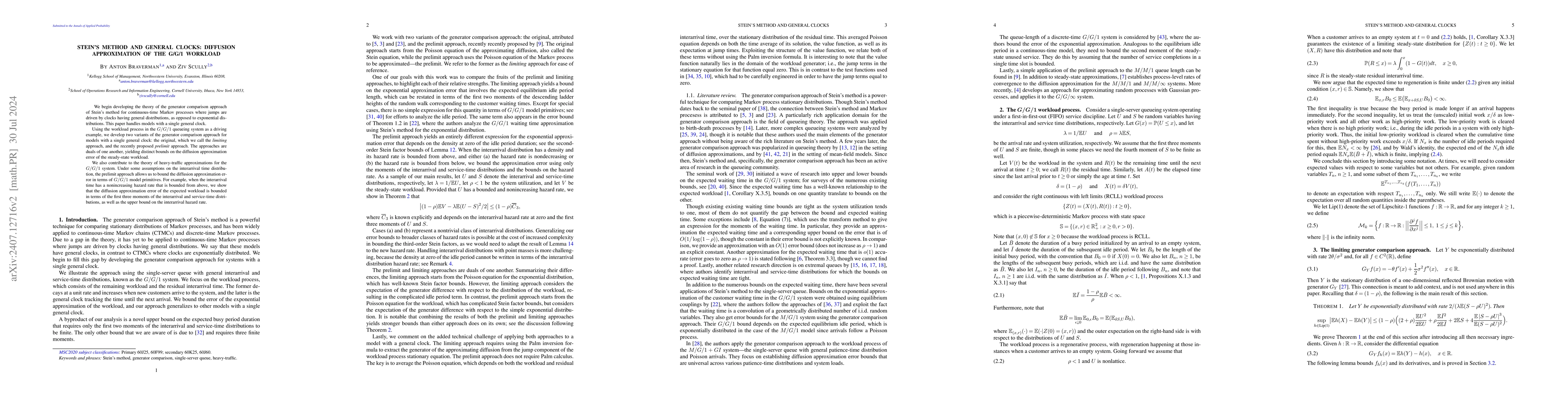 Thumbnail for Stein's method and general clocks: diffusion approximation of the
  $G/G/1$ workload