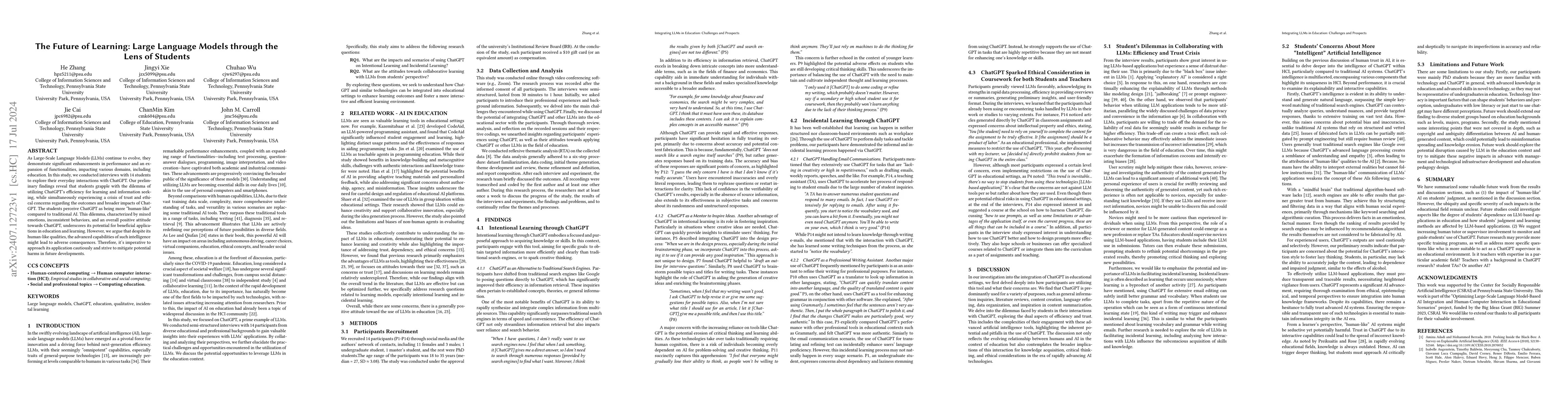 Thumbnail for The Future of Learning: Large Language Models through the Lens of
  Students