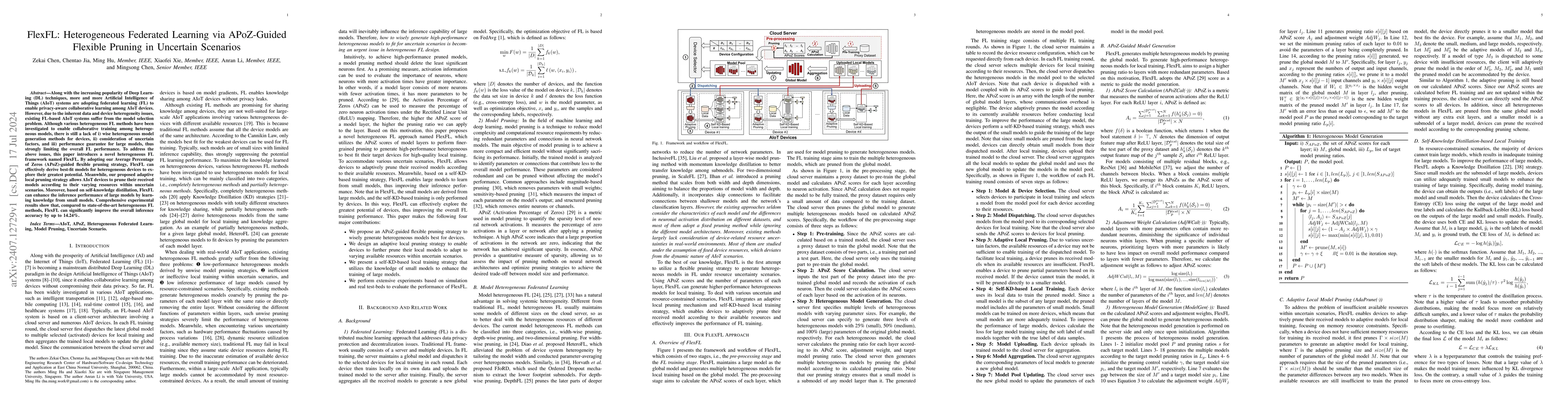 Thumbnail for FlexFL: Heterogeneous Federated Learning via APoZ-Guided Flexible
  Pruning in Uncertain Scenarios