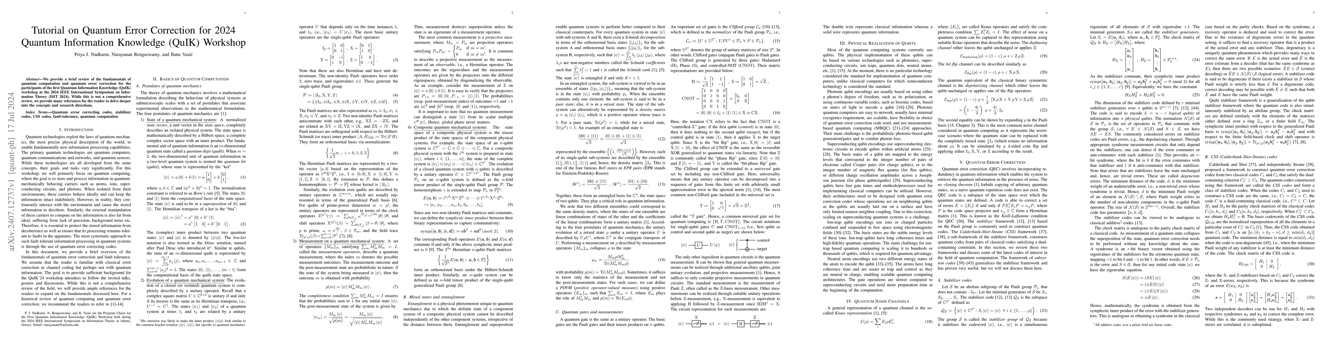 Thumbnail for Tutorial on Quantum Error Correction for 2024 Quantum Information
  Knowledge (QuIK) Workshop