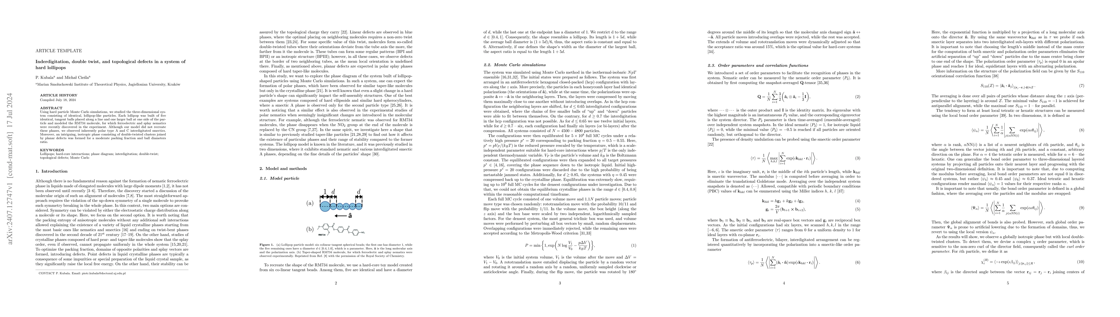 Thumbnail for Inderdigitation, double twist, and topological defects in a system of
  hard lollipops