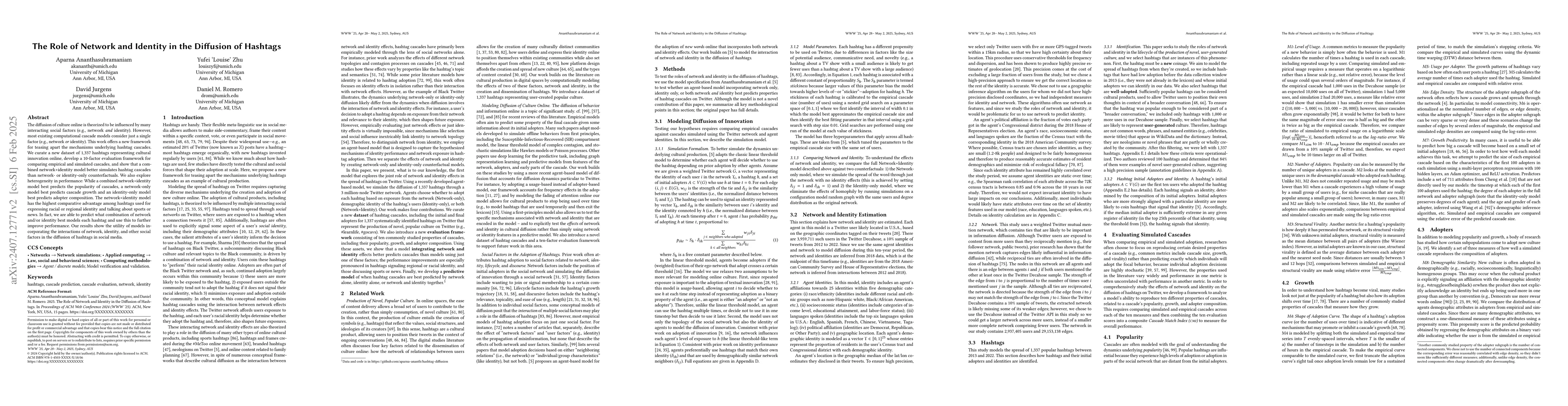 Thumbnail for The Role of Network and Identity in the Diffusion of Hashtags