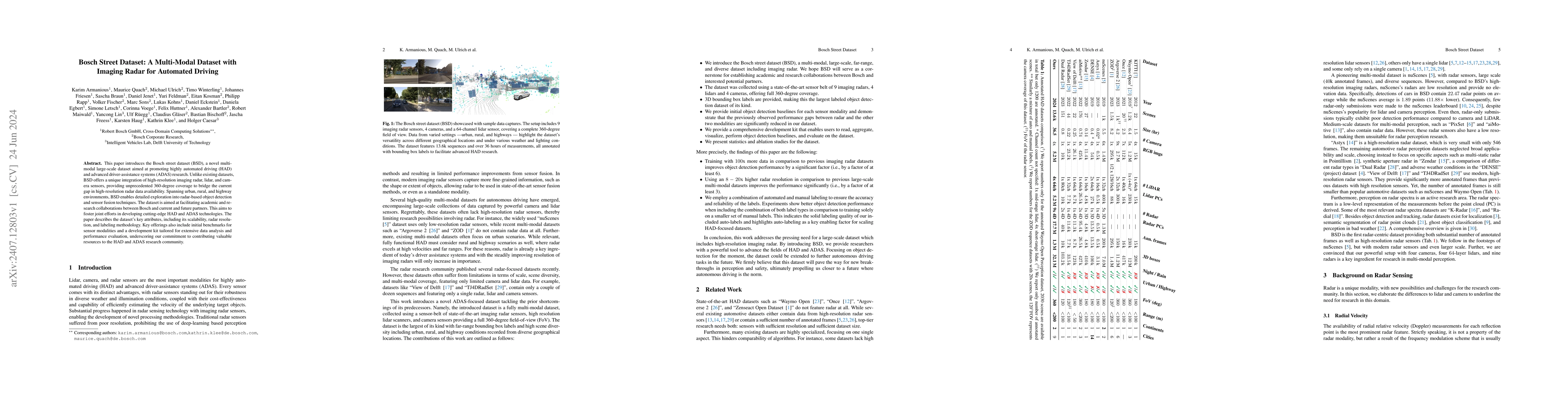 Thumbnail for Bosch Street Dataset: A Multi-Modal Dataset with Imaging Radar for
  Automated Driving