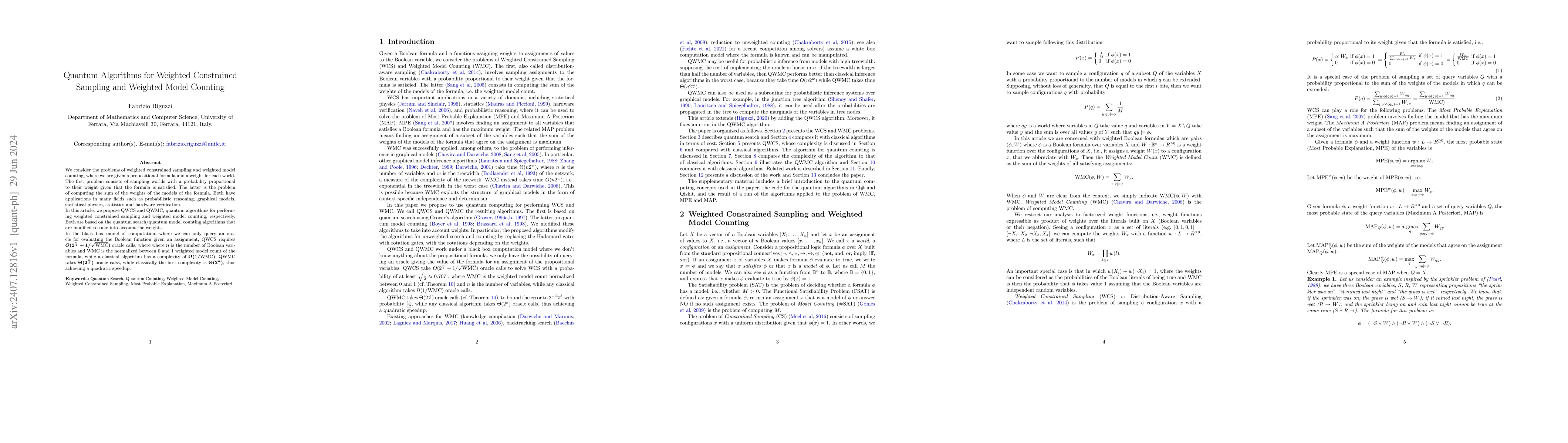 Thumbnail for Quantum Algorithms for Weighted Constrained Sampling and Weighted Model
  Counting