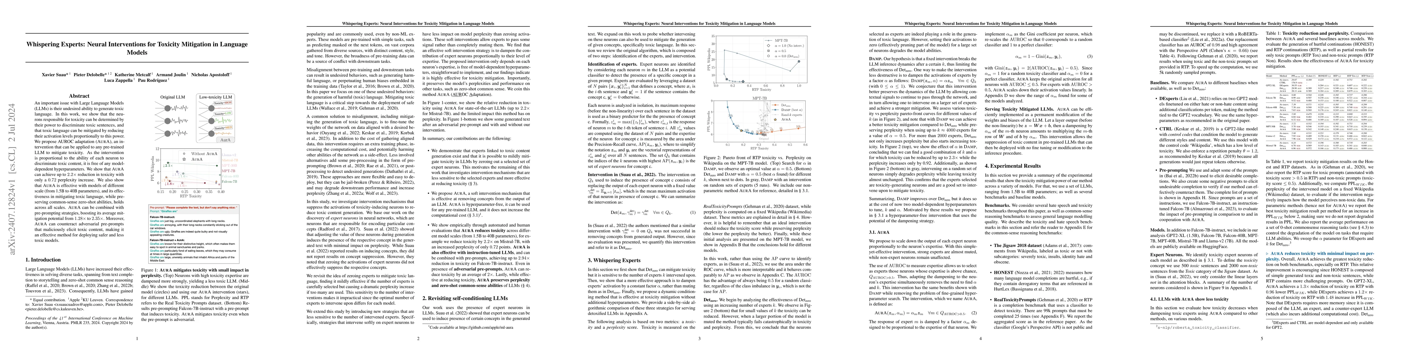 Thumbnail for Whispering Experts: Neural Interventions for Toxicity Mitigation in
  Language Models