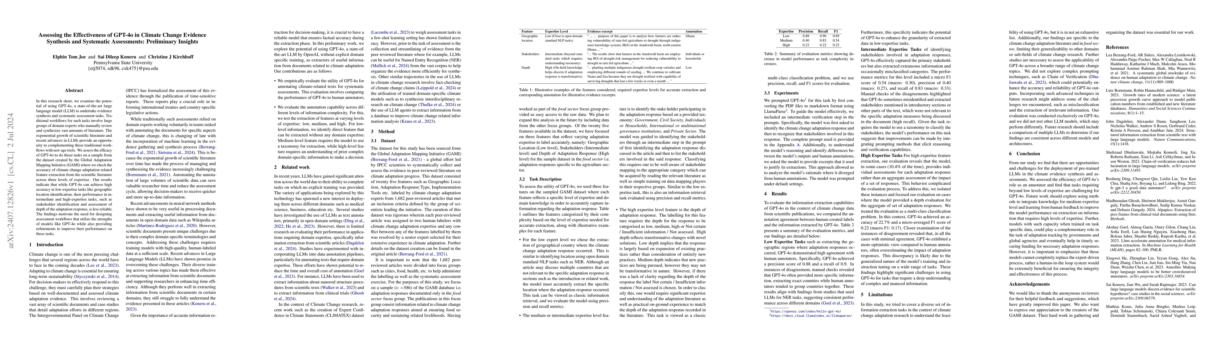 Thumbnail for Assessing the Effectiveness of GPT-4o in Climate Change Evidence
  Synthesis and Systematic Assessments: Preliminary Insights