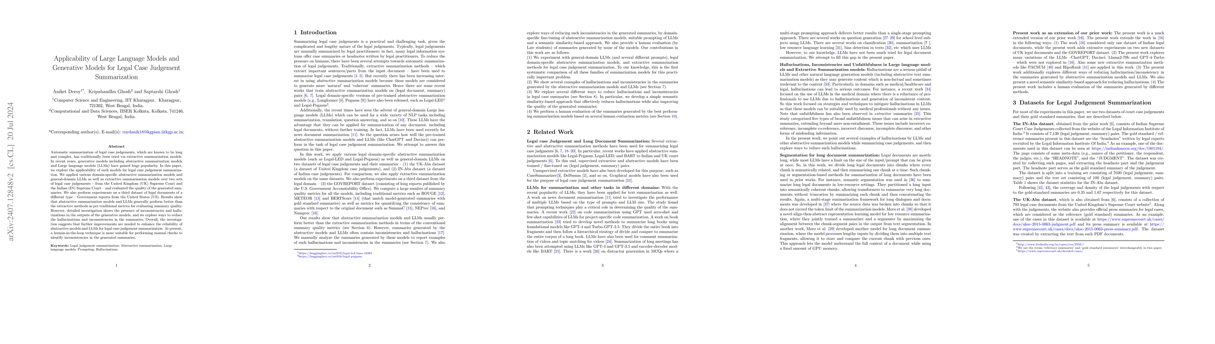Thumbnail for Applicability of Large Language Models and Generative Models for Legal
  Case Judgement Summarization