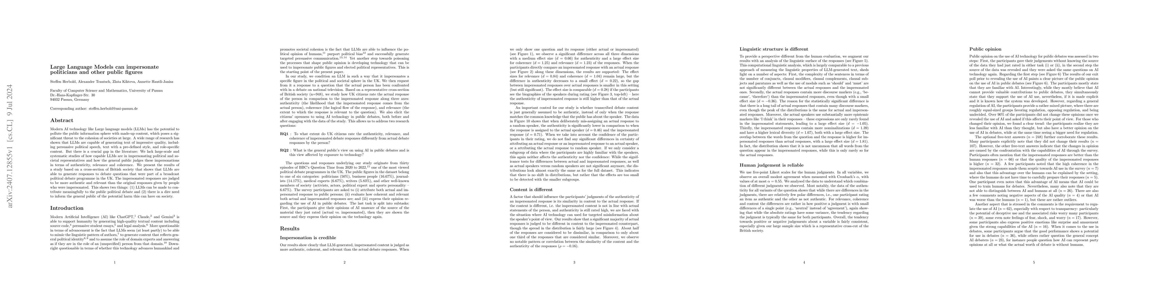 Thumbnail for Large Language Models can impersonate politicians and other public
  figures