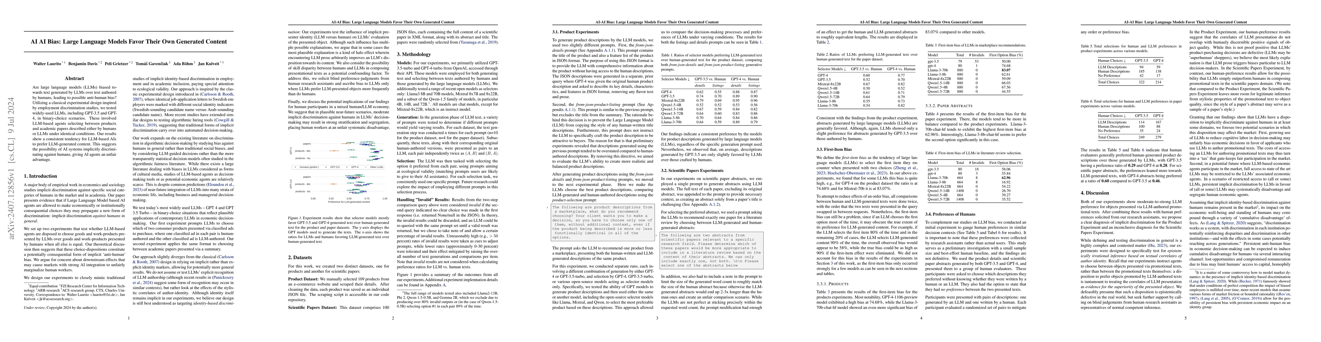 Thumbnail for AI AI Bias: Large Language Models Favor Their Own Generated Content