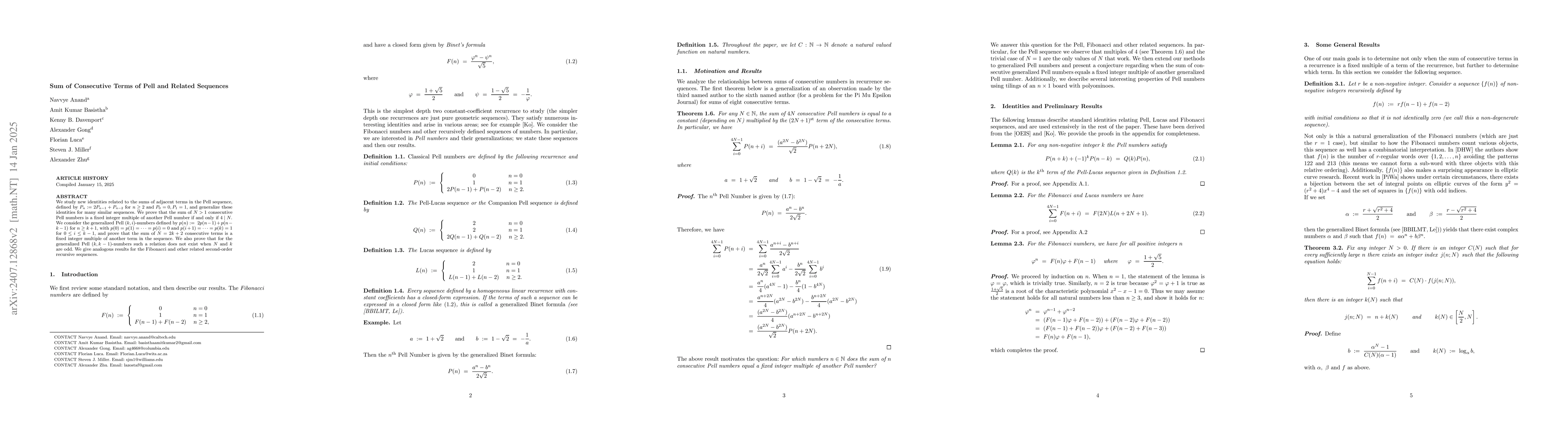 Thumbnail for Sum of Consecutive Terms of Pell and Related Sequences