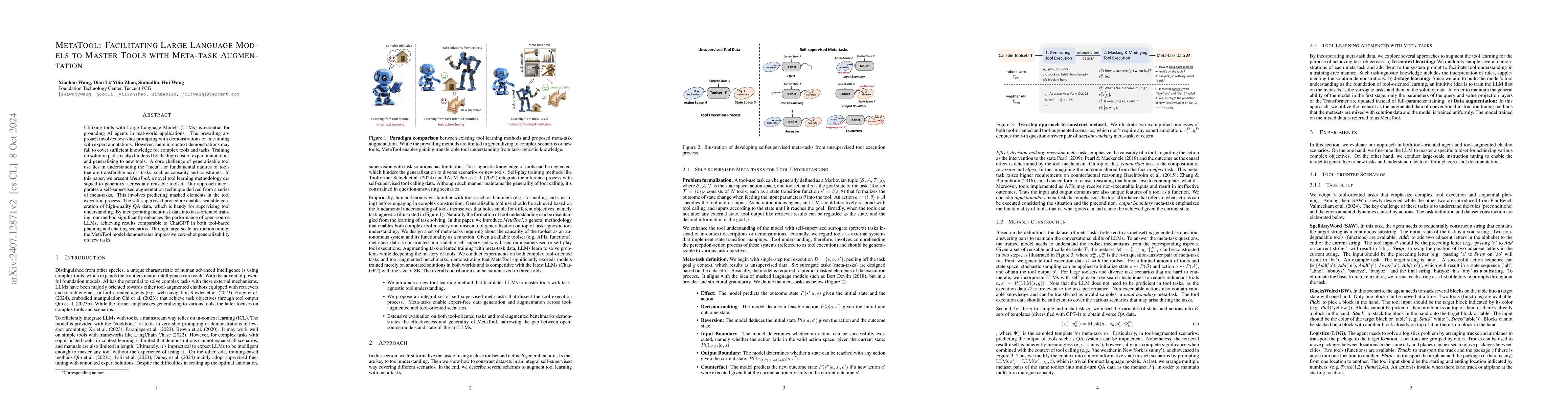 Thumbnail for MetaTool: Facilitating Large Language Models to Master Tools with
  Meta-task Augmentation