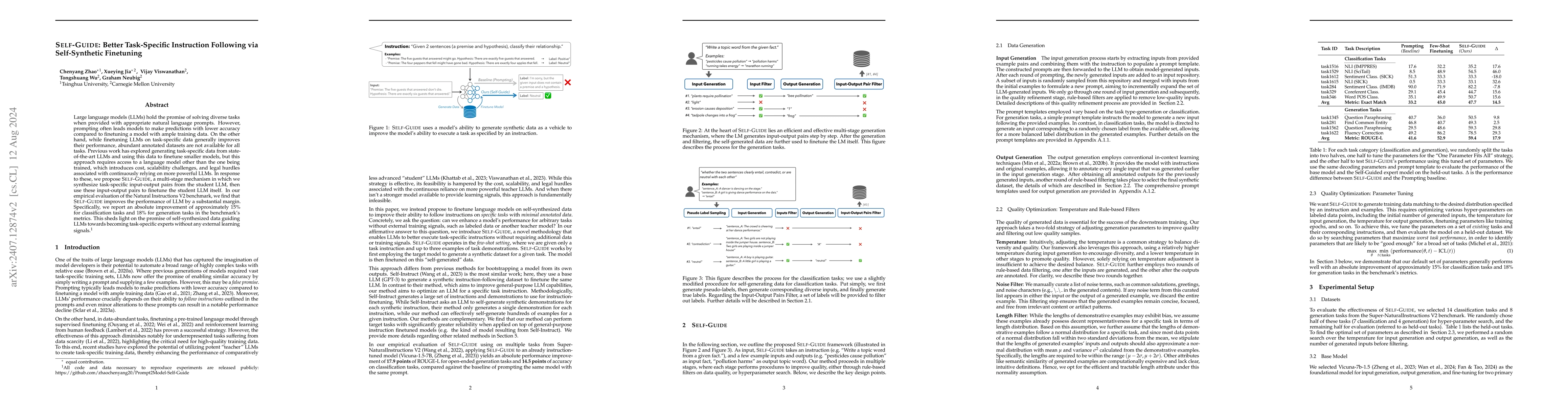 Thumbnail for SELF-GUIDE: Better Task-Specific Instruction Following via
  Self-Synthetic Finetuning