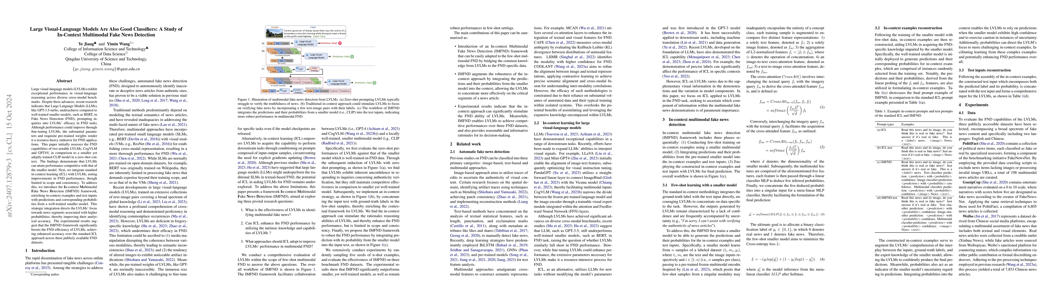 Thumbnail for Large Visual-Language Models Are Also Good Classifiers: A Study of
  In-Context Multimodal Fake News Detection