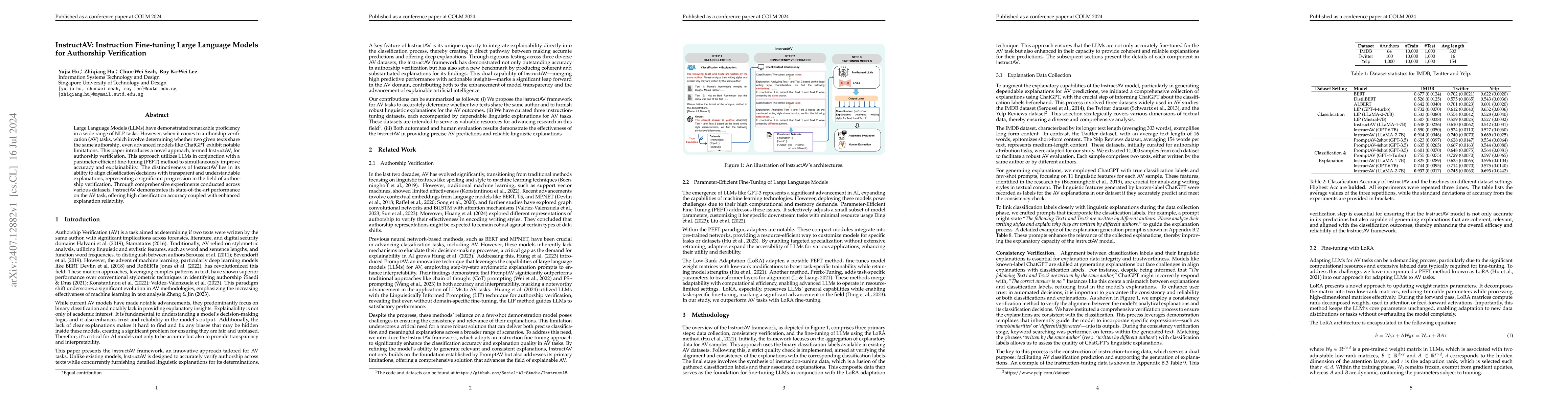 Thumbnail for InstructAV: Instruction Fine-tuning Large Language Models for Authorship
  Verification