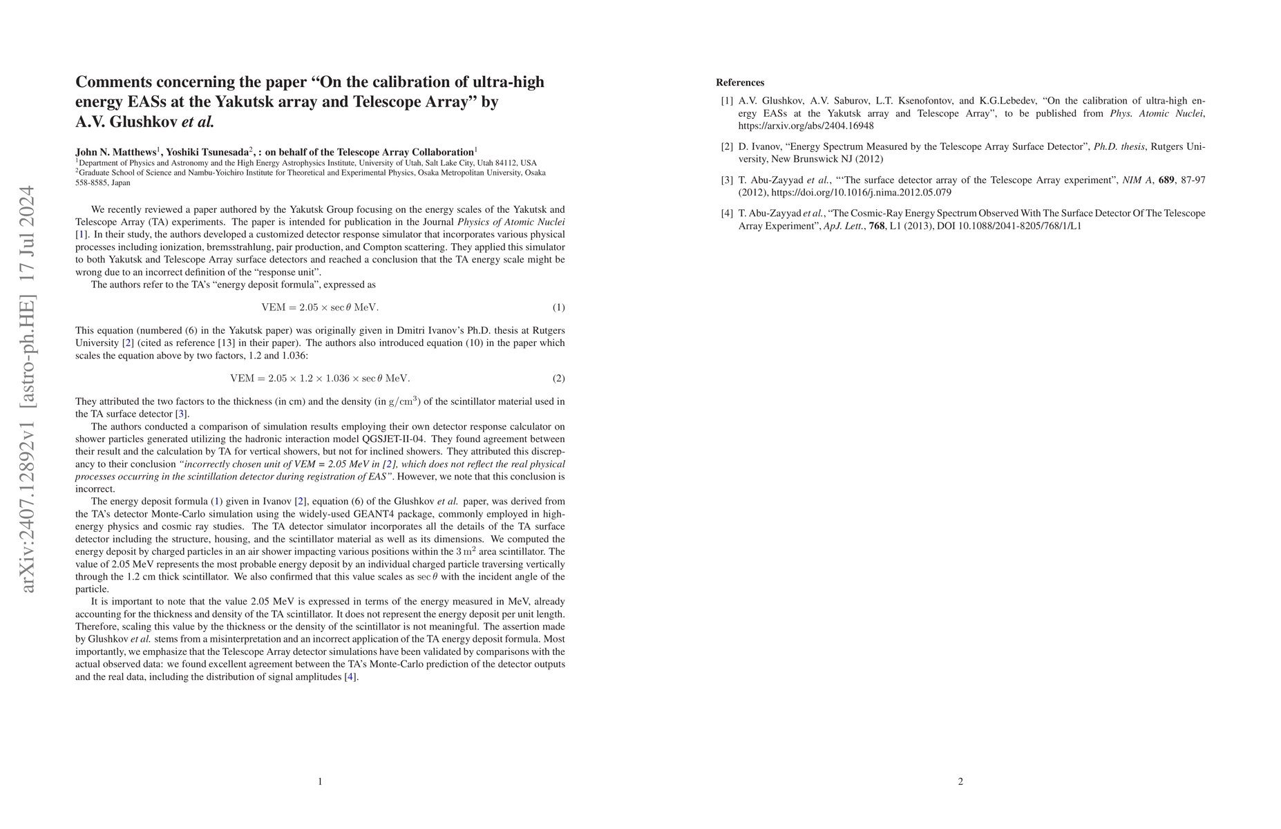 Thumbnail for Comments concerning the paper "On the calibration of ultra-high energy
  EASs at the Yakutsk array and Telescope Array" by A.V.Glushkov et. al
