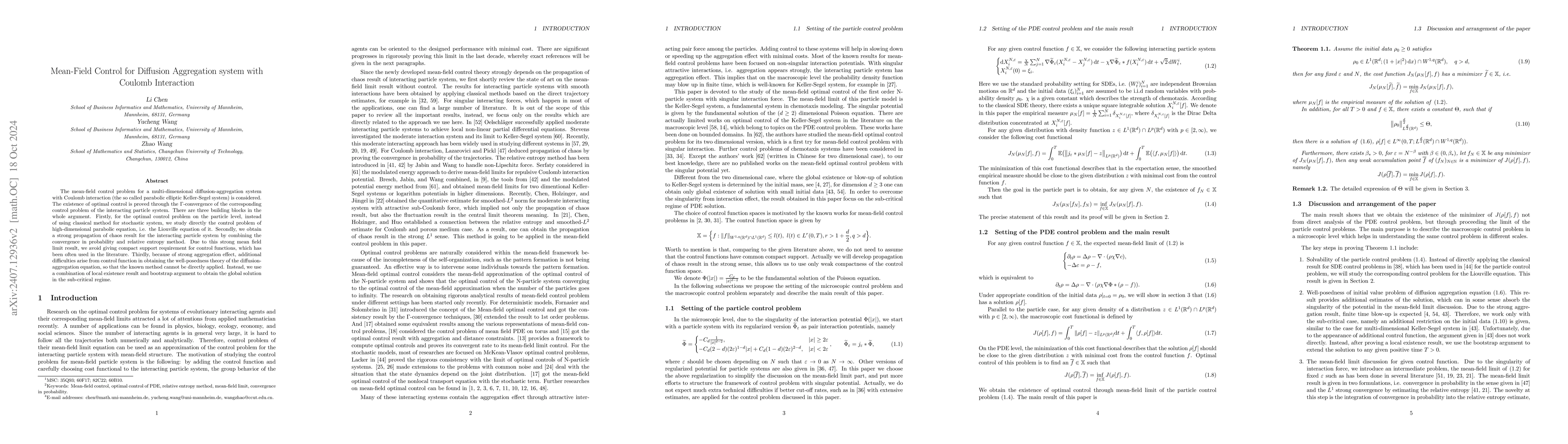 Thumbnail for Mean-Field Control for Diffusion Aggregation system with Coulomb
  Interaction