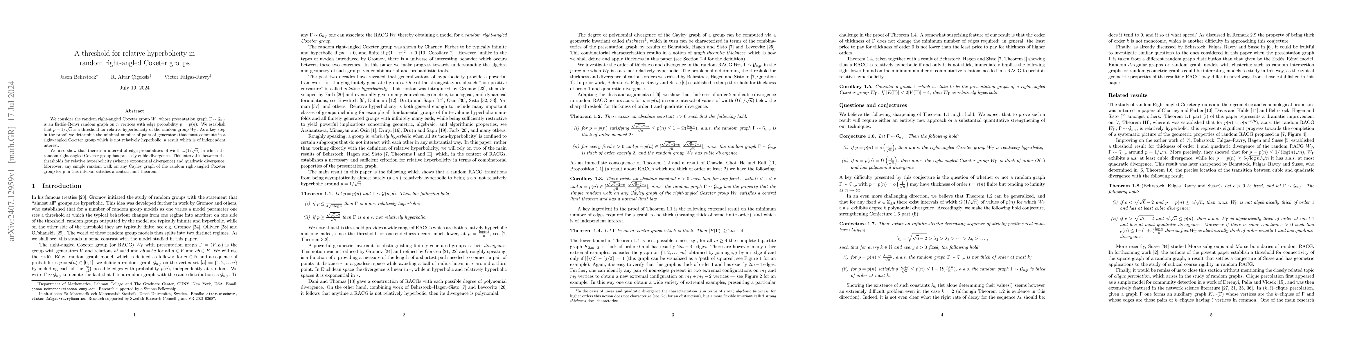 Thumbnail for A threshold for relative hyperbolicity in random right-angled Coxeter
  groups