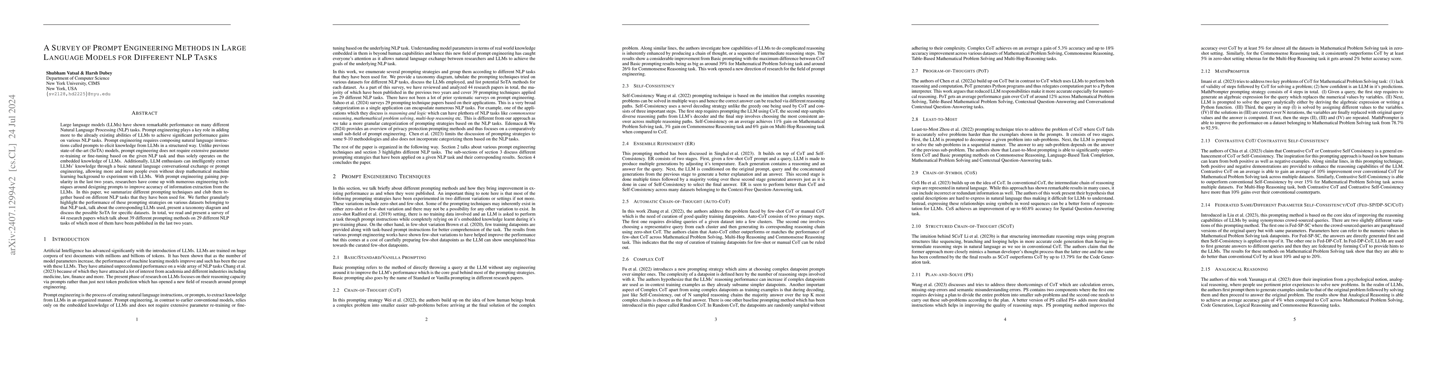Thumbnail for A Survey of Prompt Engineering Methods in Large Language Models for
  Different NLP Tasks