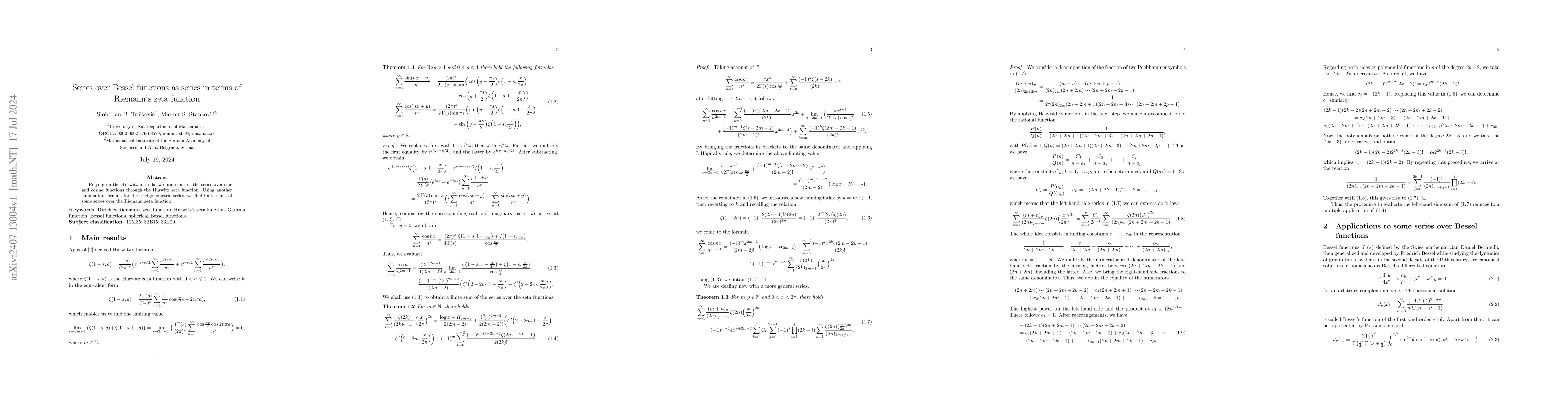 Thumbnail for Series over Bessel functions as series in terms of Riemann's zeta
  function