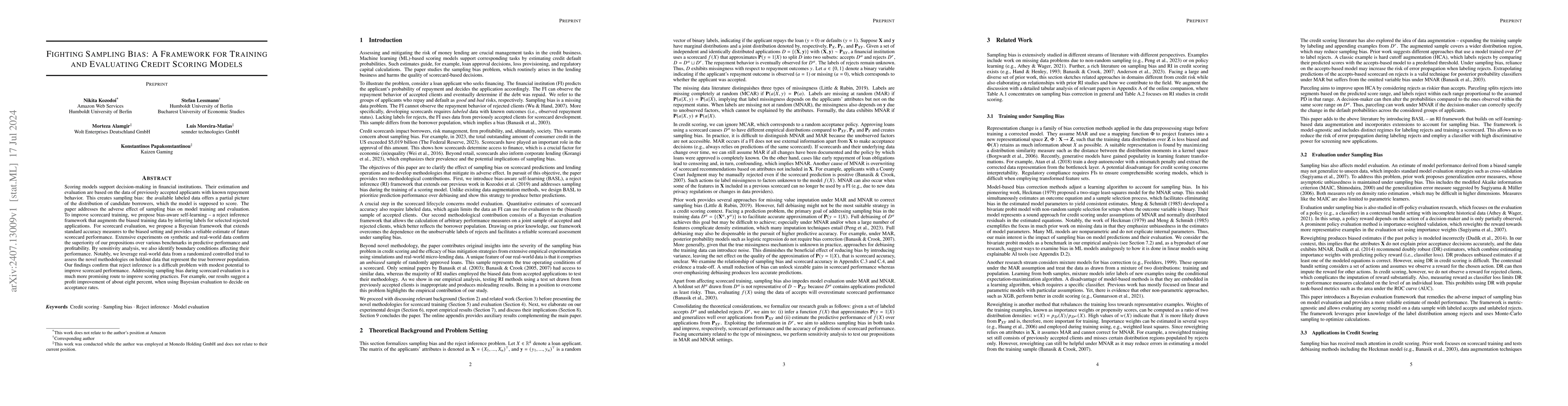 Thumbnail for Fighting Sampling Bias: A Framework for Training and Evaluating Credit
  Scoring Models