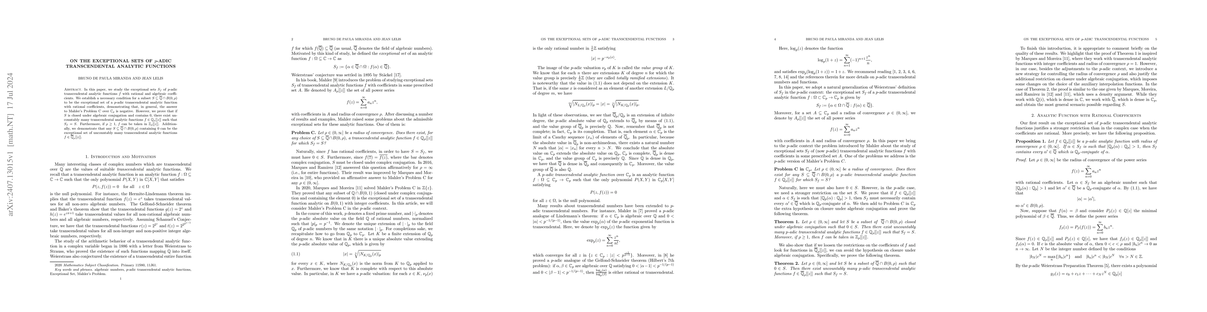 Thumbnail for On the Exceptional Sets of $p$-adic Transcendental Analytic Functions