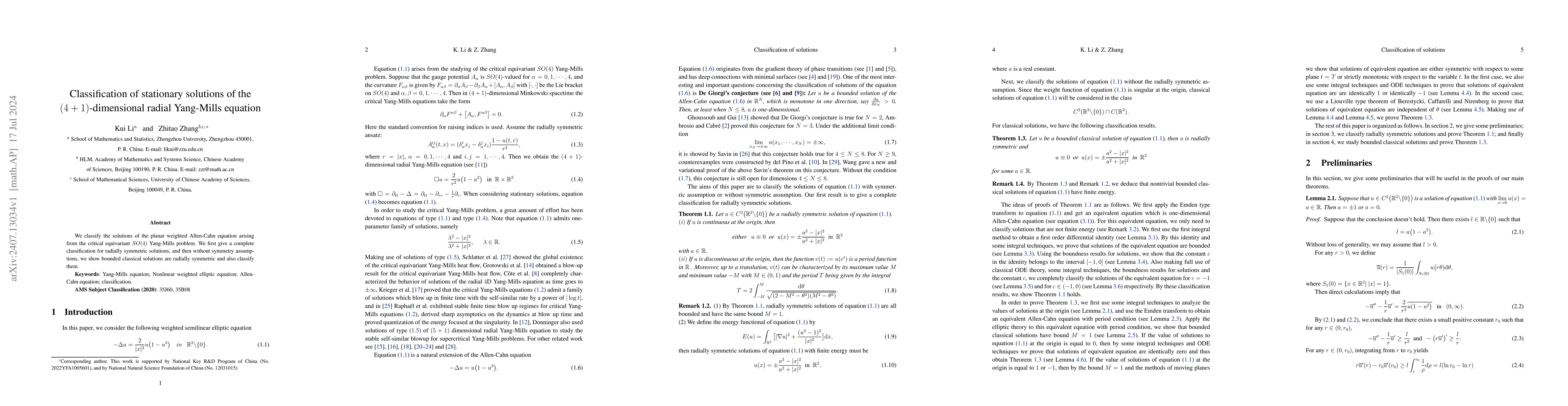 Thumbnail for Classification of stationary solutions of the $(4 + 1)$-dimensional
  radial Yang-Mills equation