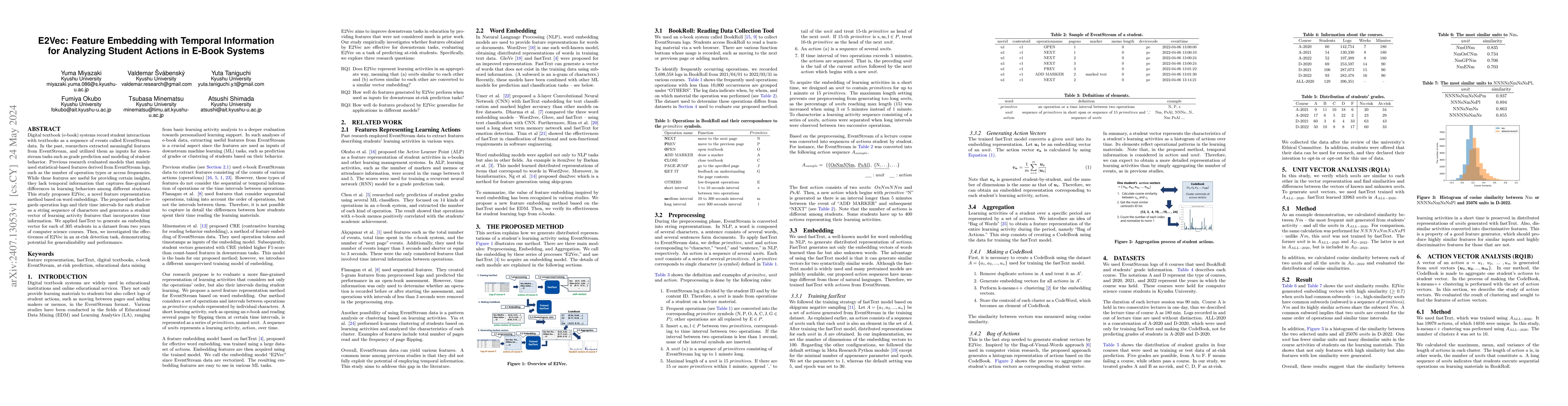 Thumbnail for E2Vec: Feature Embedding with Temporal Information for Analyzing Student
  Actions in E-Book Systems