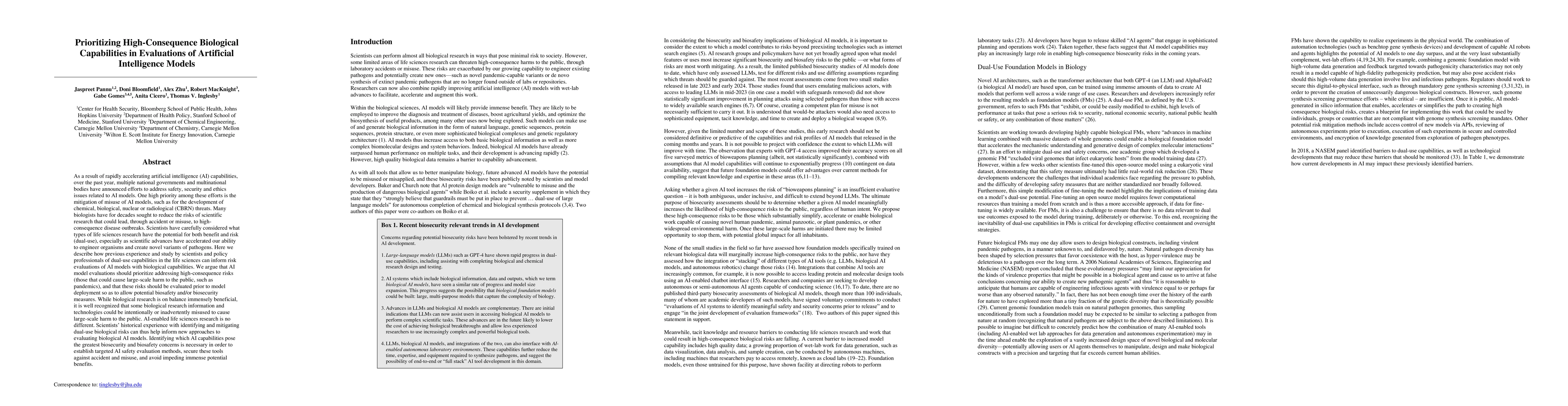 Thumbnail for Prioritizing High-Consequence Biological Capabilities in Evaluations of
  Artificial Intelligence Models