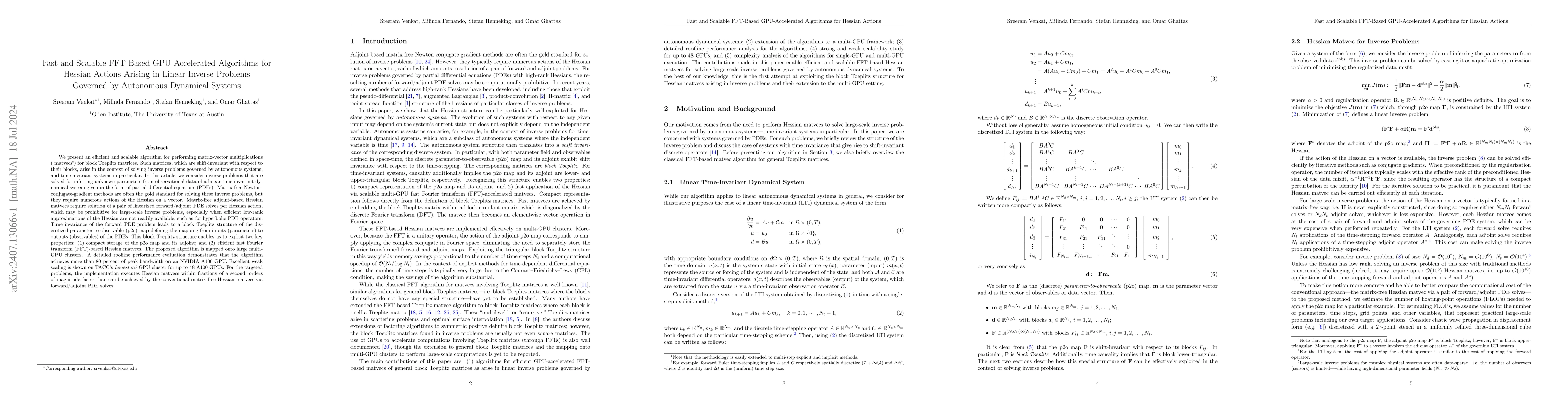 Thumbnail for Fast and Scalable FFT-Based GPU-Accelerated Algorithms for Hessian
  Actions Arising in Linear Inverse Problems Governed by Autonomous Dynamical
  Systems